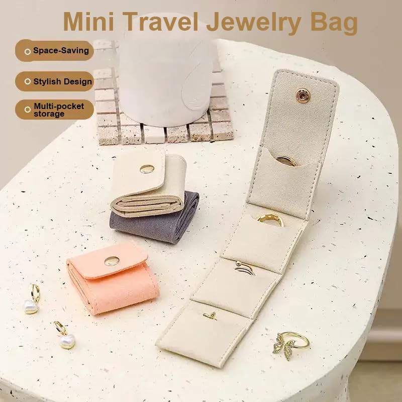 Wendyan Mini Travel Jewelry Bag, Mini Travel Jewelry Roll Bag with Buckle, Portable Foldable Travel Jewelry Organizer Case, Small Jewelry Box for Earrings, Rings, Necklaces (Gray+Pink+White) - Image 2